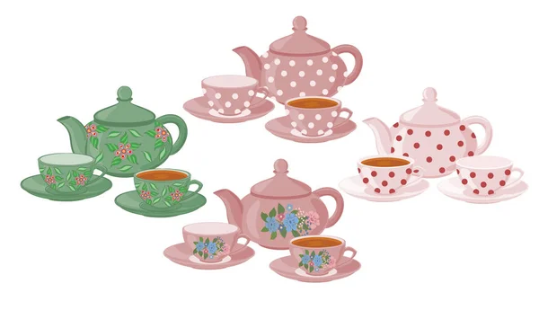 Teapots Cups Different Patterns Vector Set Isolated Teapots Cups Tea — Stock Vector