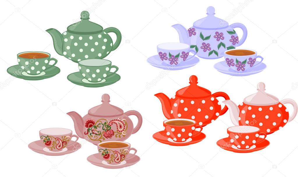 Vector set of isolated teapots, cups of tea and empty cups.