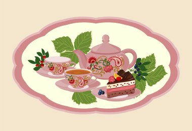Su ısıtıcı, çay, kek ve çilek ile fincan. Arka planda çaydanlık ve bardak çilek ile çerçeve.