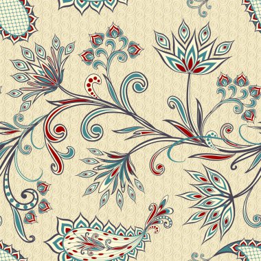 Dekoratif çiçekli, yapraklı ve doğu tarzında desenli soyut vintage desen.