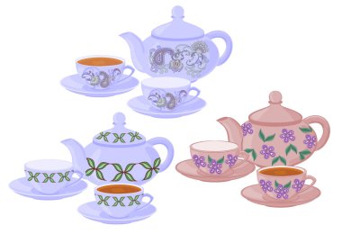 Çaydanlık ve bardak farklı desenleri ile. Vektör izole çaydanlıklar, çay bardak ve boş bardak ayarla.