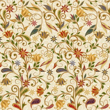 Dekoratif çiçekli, yapraklı ve doğu tarzında desenli soyut vintage desen.