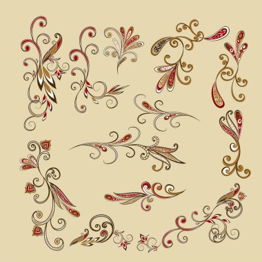 Bitkisel tasarım elemanları. Çiçek desenli vektör etnik oryantal tasarım elemanları, paisley.