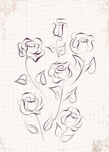 Joukko Ruusua Piirretty Kynällä Musteella Graafiset Ruusut Eristetty Vanhan Grunge — vektorikuva