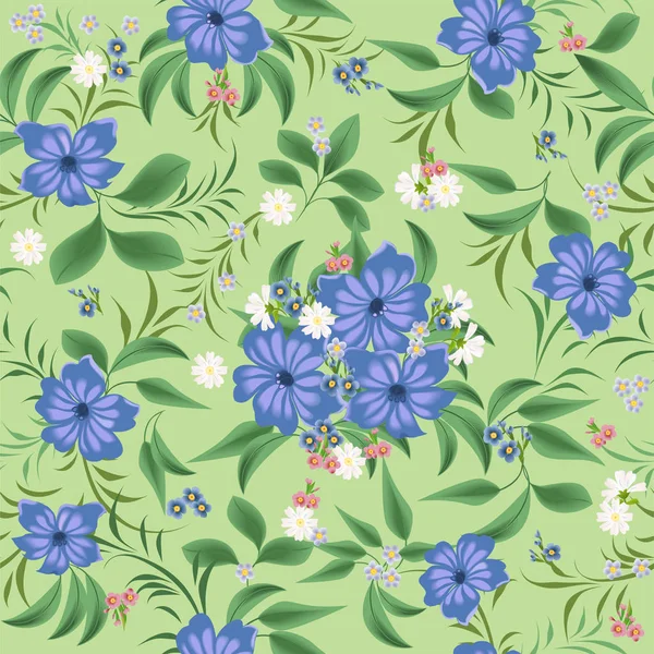 无缝的图案与蓝色的花朵 忘记我 优雅的蓝色 粉红色的花朵和枝叶 — 图库矢量图片