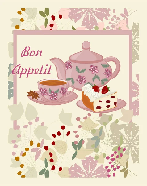 Théière Tasse Avec Thé Gâteau Fleurs Arrière Plan Avec Théière — Image vectorielle