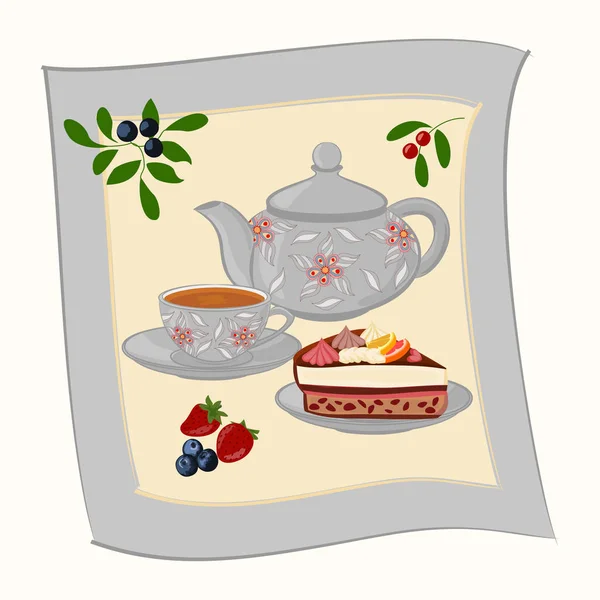 蛋糕和浆果 背景与茶壶和杯子在框架与莓果 — 图库矢量图片