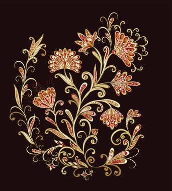 Bir buket harika çiçek. Geleneksel etnik kökenli. Dekoratif çiçekli, yapraklı ve doğu tarzında desenli soyut vintage desen.