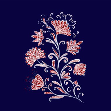 Bir buket harika çiçek. Geleneksel etnik kökenli. Dekoratif çiçekli, yapraklı ve doğu tarzında desenli soyut vintage desen.