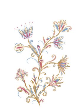 Bir buket harika çiçek. Geleneksel etnik kökenli. Dekoratif çiçekli, yapraklı ve doğu tarzında desenli soyut vintage desen.