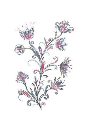 Bir buket harika çiçek. Geleneksel etnik kökenli. Dekoratif çiçekli, yapraklı ve doğu tarzında desenli soyut vintage desen.