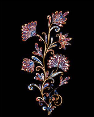 Bir buket harika çiçek. Geleneksel etnik kökenli. Dekoratif çiçekli, yapraklı ve doğu tarzında desenli soyut vintage desen.