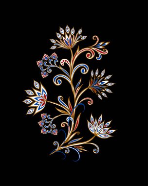 Bir buket harika çiçek. Geleneksel etnik kökenli. Dekoratif çiçekli, yapraklı ve doğu tarzında desenli soyut vintage desen.