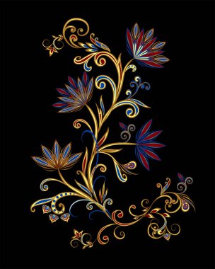 Bir buket harika çiçek. Geleneksel etnik kökenli. Dekoratif çiçekli, yapraklı ve doğu tarzında desenli soyut vintage desen.