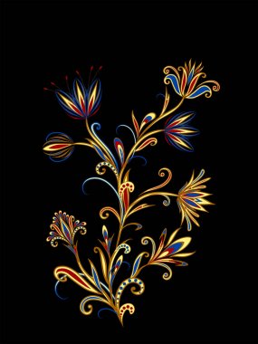 Bir buket harika çiçek. Geleneksel etnik kökenli. Dekoratif çiçekli, yapraklı ve doğu tarzında desenli soyut vintage desen.