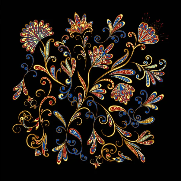 Bir buket harika çiçek. Geleneksel etnik kökenli. Dekoratif çiçekli, yapraklı ve doğu tarzında desenli soyut vintage desen.