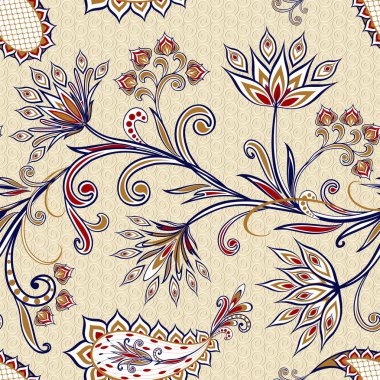 Dekoratif çiçekli, yapraklı ve doğu tarzında desenli soyut vintage desen.