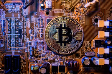 Ana bilgisayarında bitcoin sembolü olan altın sikkeler.