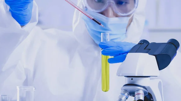 Scientist Ppe Suite Doing Some Research Checking Liquid Test Tube — Stock Photo, Image