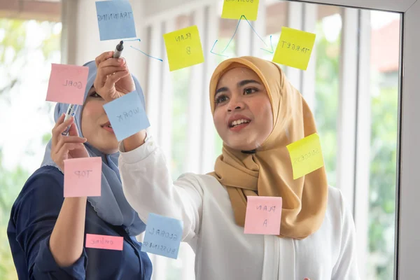 Två Unga Muslimska Affärskvinnor Diskuterar Ett Arbete Kontoret — Stockfoto