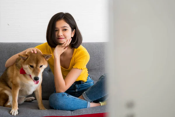 幸せな女性と柴犬がソファの上に家に座って — ストック写真