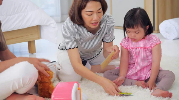 Happy Family Mother Father Disabled Daughter Spending Time Together Bedroom — Stock Photo, Image