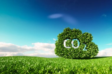 Karbon dioksit emisyonları kavramı kontrol. taze bahar çayır arka planda mavi gökyüzü ile co2 bulut 3D render.