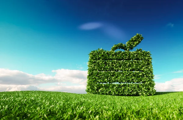 Eco friendly tourism concept. 3d rendering of a suitcase icon on fresh spring meadow with blue sky in background.