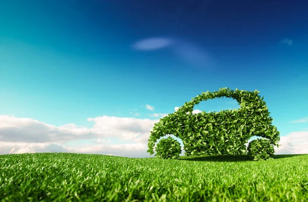 生态友好的汽车开发 明确的生态驱动 无污染和 Emmission 运输理念 绿色汽车图标在蓝天背景下的新鲜春草甸上的渲染 — 图库照片