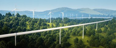 3d rendering of high speed traveling technology and wind turbines in forest landscape. clipart