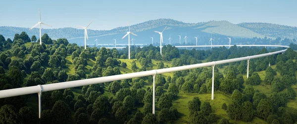 Rendering Teknologi Perjalanan Kecepatan Tinggi Dan Turbin Angin Dalam Lanskap — Stok Foto