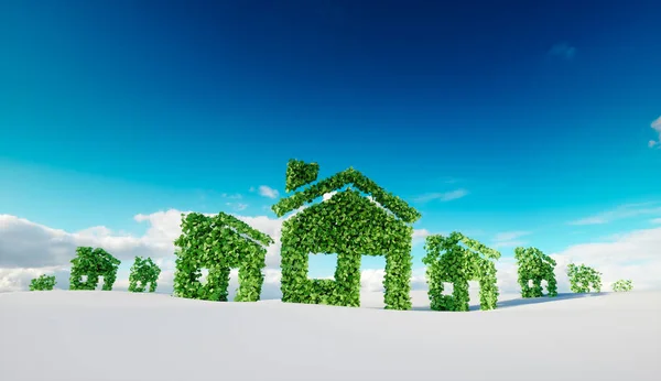 Nachhaltiges Ökodorf Konzept Darstellung Von Haussymbolen Auf Winterlichem Schneefeld Mit — Stockfoto