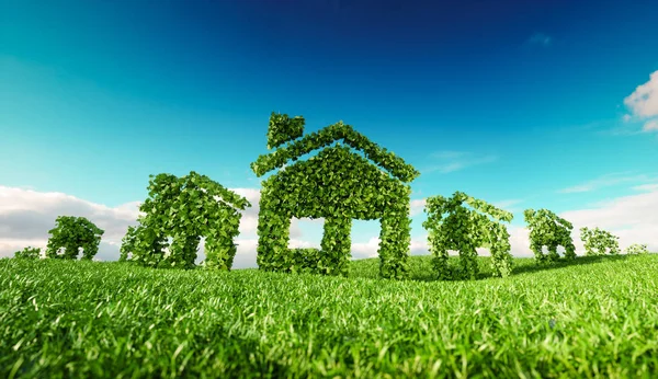 Conceito Sustentável Ecovila Renderização Símbolos Casa Prado Primavera Fresco Com — Fotografia de Stock