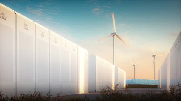 从可再生能源中节能的概念 现代电池系统的例证以太阳风力发电厂的背景在温暖的夜光 — 图库照片