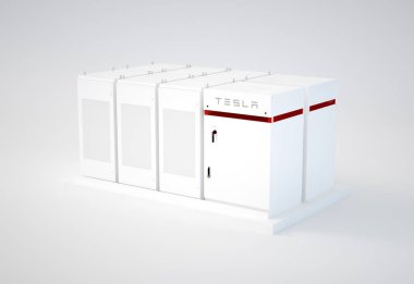 Brno, Çek Cumhuriyeti - 11 Ocak. beyaz zemin üzerinde bir Tesla powerpack 2 yedek pil yenilenebilir enerji depolama sistemi 3D çizimi.