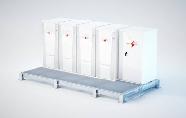 Modüler ve taşınabilir beyaz pil enerji depolama sistemi destek inşaat üzerinde yüklü. 3d render üzerinde beyaz izole.