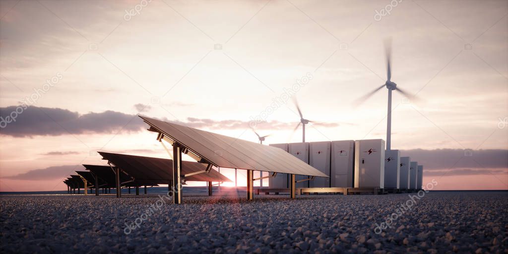 Dawn of new renewable energy technologies. Modern, aesthetic and efficient dark solar panel panels, a modular battery energy storage system and a wind turbine system in warm light. 3D rendering.