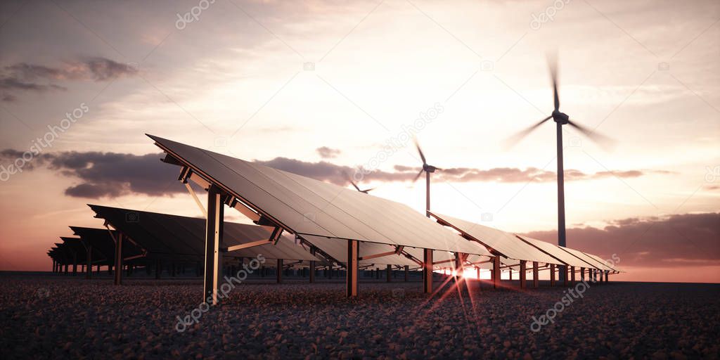 Modern and futuristic aesthetic black solar panels of large photovoltaic power station with wind turbines in background in warm sunset light. 3d rendering.