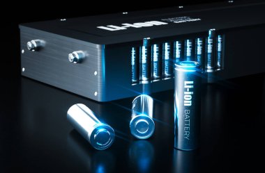 Modern lithium ion battery technology concept. Metal Li-Ion batt clipart