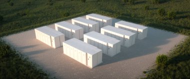 Doğada yenilenebilir enerji depolama sistemi kavramı. Drone izometrik görüş. 3d oluşturma