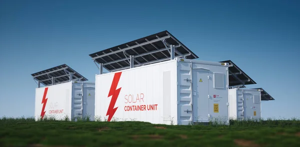 Unidade de contêiner solar. 3d conceito de renderização de um industrial branco — Fotografia de Stock
