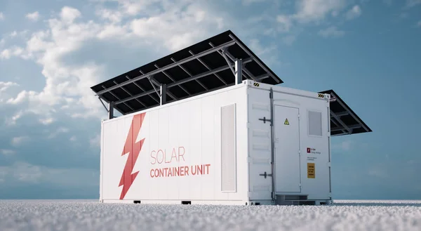 Solarcontaineranlage. 3D-Rendering-Konzept einer weißen Industrie Stockbild