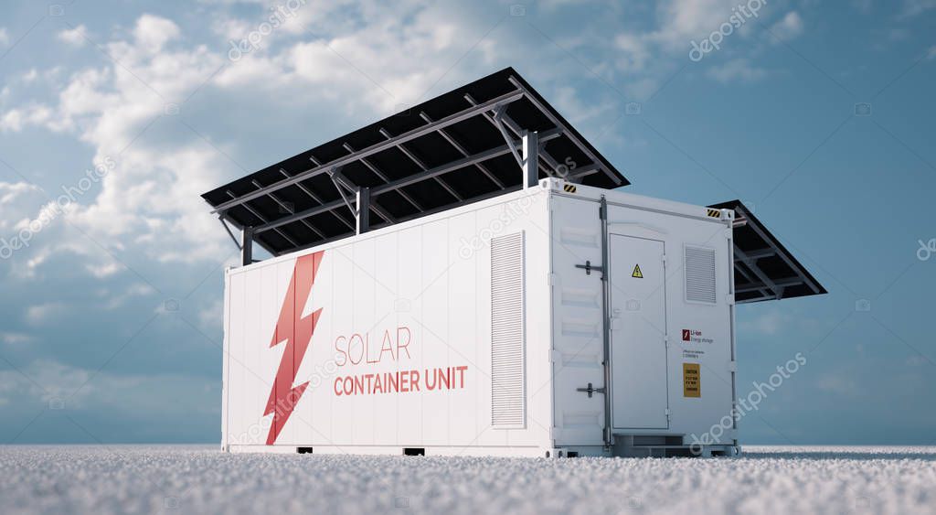 Solar container unit. 3d rendering concept of a white industrial
