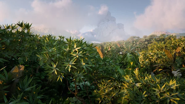 Pulsierender Fantasie Regenwald Morgenlicht Ferne Berge Neblig Und Wolken Hintergrund — Stockfoto