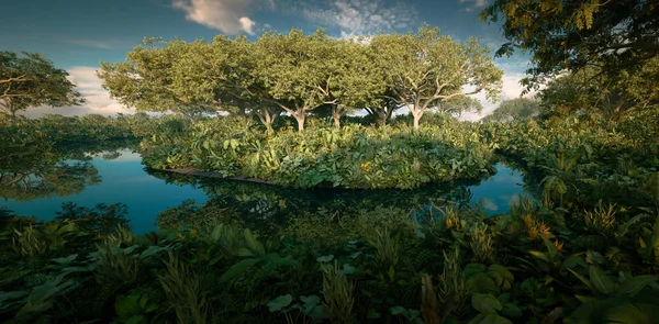 Fantasie Regenwald Insel Mitten Dschungel Teich Darstellung Von Landschaftsbildern lizenzfreie Stockfotos