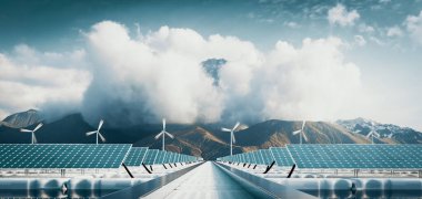 Yüzen güneş enerjisi santrali ve görkemli dağ arka planına sahip açık deniz rüzgar türbini çiftliği. 3d oluşturma