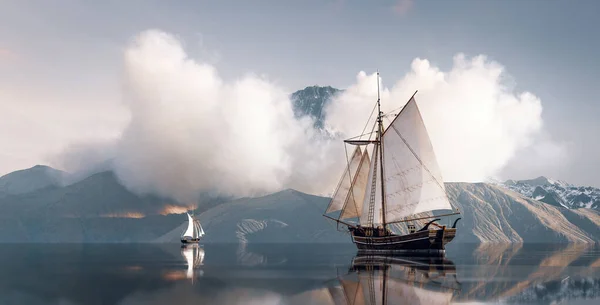 Vieux Voilier Historique Dans Voyage Aventure Terre Inexplorée Concept Rendu — Photo