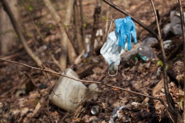 Kavram - yeni atık. Kullanılmış bir tıbbi maske bir dala asılı. Plastik çöp..