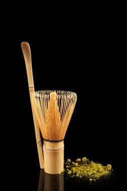 Bir çırpı (chasen) ve kaşık (chashaku) da dahil olmak üzere, matcha yapmaya ayarlı).