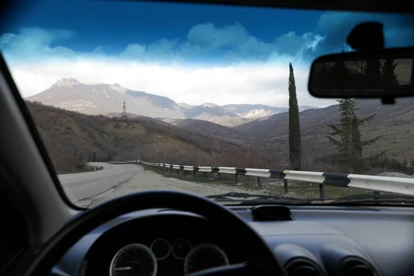 Tourism Travel Car View Road Mountain Windshield Selective Focus — Stock Photo, Image